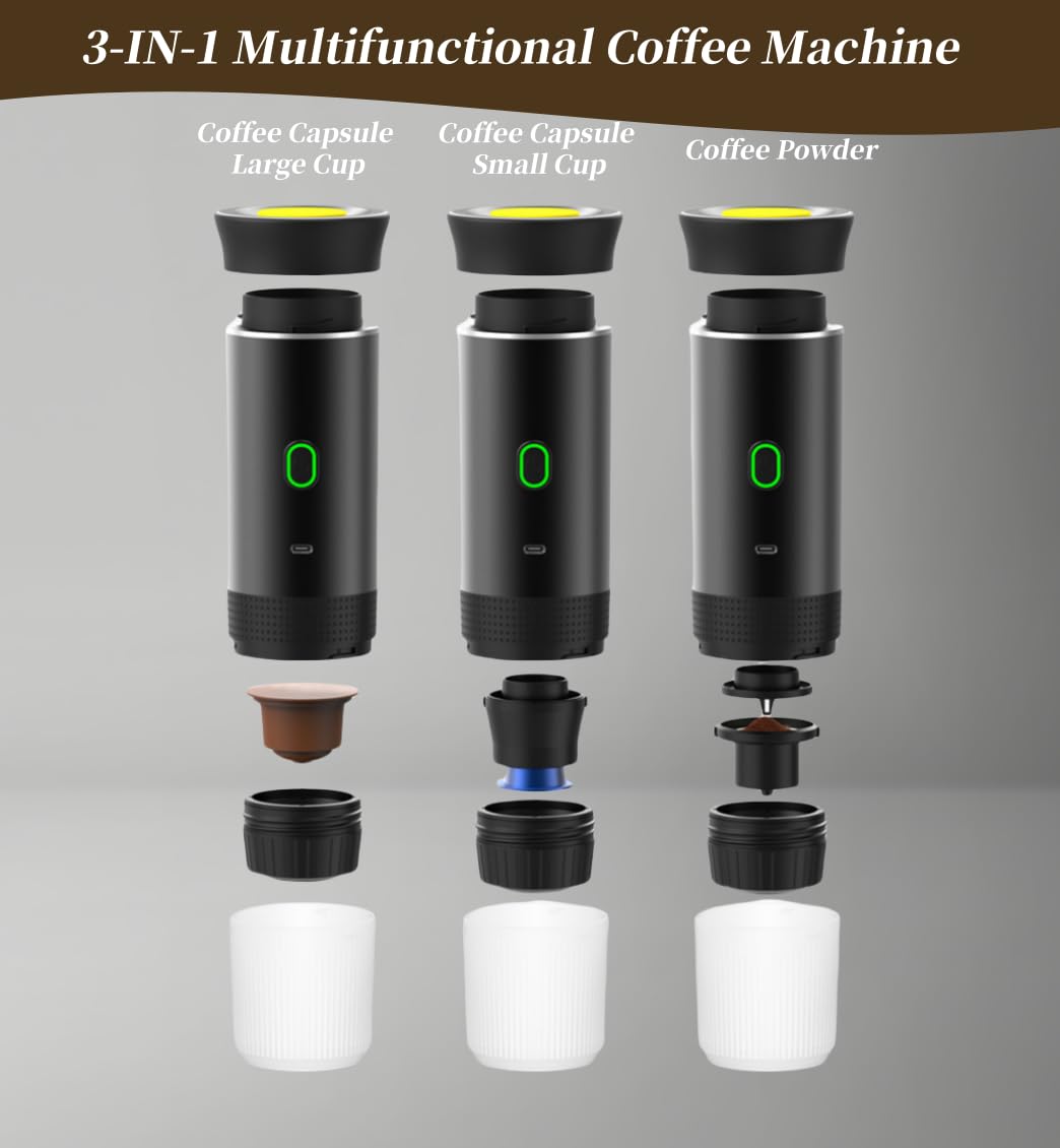 Macchina Per Caffè Espresso Portatile, Macchina Per Caffè Espresso 3 In 1, Macchina Per Caffè Riscaldata Ricaricabile, 3-6 Minuti, Macchina Per Caffè Multicapsula Per Campeggio Casa Auto (Grigio)