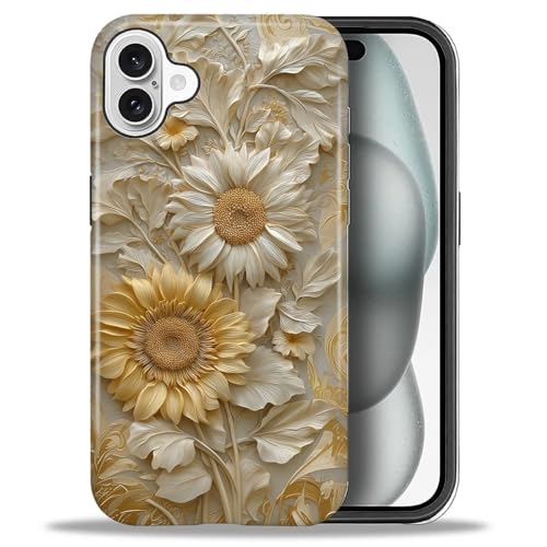 ZHEGAILIAN Case for iPhone 16 Plus,Shockproof Hard Shell + Soft Silicone 2 in 1 Hybrid,Shockproof Bumper Drop Protective - Faux Porcelain Sunflower
