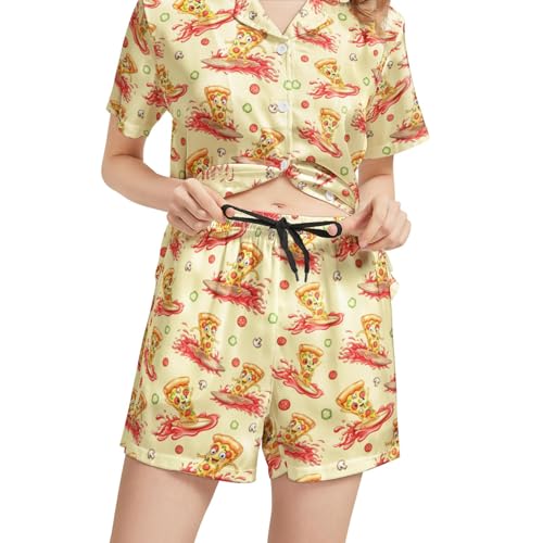 Image of Funny Satin Pajamas Set for Women Button Down Sleepwear Print Pjs Set 2 Piece Short Sleeve Loungewear Gift for Women
