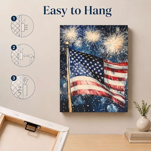 Image of Patriotic Wall Art Decorations, 4th of July American Flag Fireworks Vintage Canvas Print Picture Framed, for Rustic Americana Home Living Room Decor