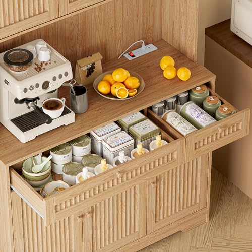 Image of BORNOON Pantry Cabinet with Charging Station and Light, Tall Kitchen Pantry Storage Cabinet with Microwave Stand, Wide Fluted Kitchen Hutch with Storage Drawers and Adjustable Shelves for Dining Room