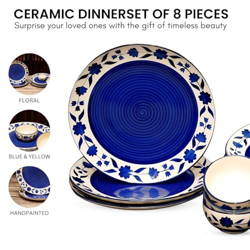 Image of Floral Ceramic Plates for Dinner with Katoris (8 Pieces, 4 Bowl & 4 Plates, Dishwasher & Microwave Safe) -Dinner Sets Ceramic Bowls Set Dinnerware Sets