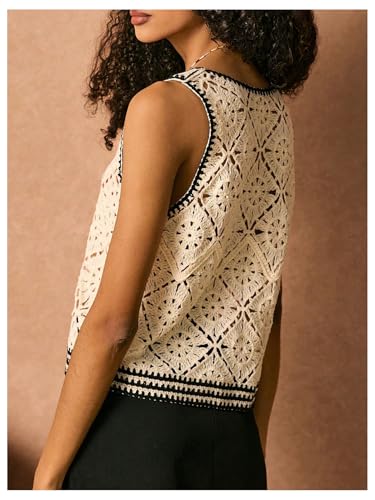 Image of MakeMeChic Women's Crochet V Neck Sweater Vest Contrast Binding Sleeveless Knitwear Top