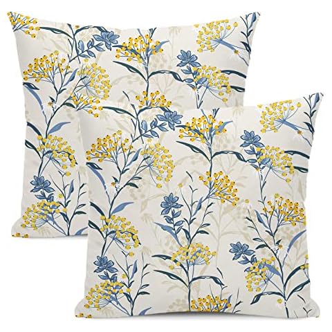 AEIOAE Vintage Floral Pillow Covers 18x18 Inch Set of 2,Spring Flowers Throw Pillows Case,Mustard Yellow Blue Outdoor Decorative Square Farmhouse Decor Cushion Covers for Sofa Bed Couch Cover