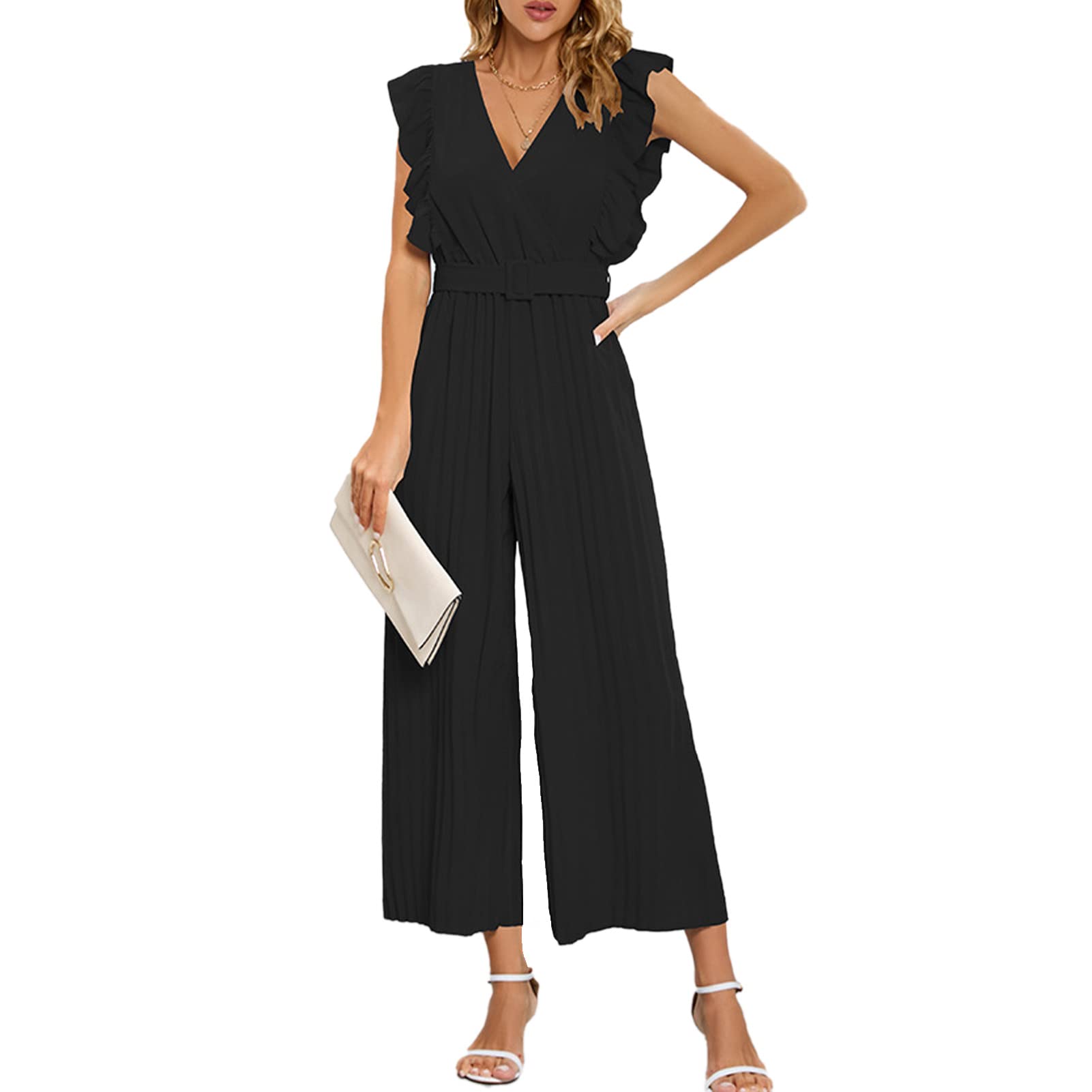 Ausla Mono Elegante sin Mangas para Mujer, Escote en V Profundo, Plisado, Pierna Recta, Monos de Fiesta con Cintura