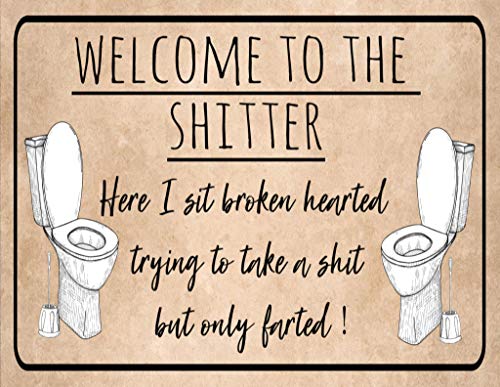 MineepeesUK Plaque de porte en métal décorative pour la maison, le bureau, le café, le pub, l’homme, la grotte - Vintage Welcome Shitter Toilettes, la salle de bain humour humoristique Cover