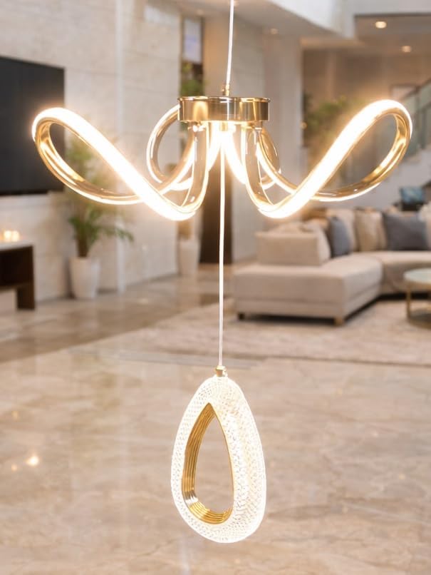 Image of kinis Modern Luxury LED Wave Chandelier with Crystal Drop Pendant | 3 Different Color Mode (WH /WW /NW) | Led Chandelier Light for Living Room /Bedroom /Cafe /Resturents