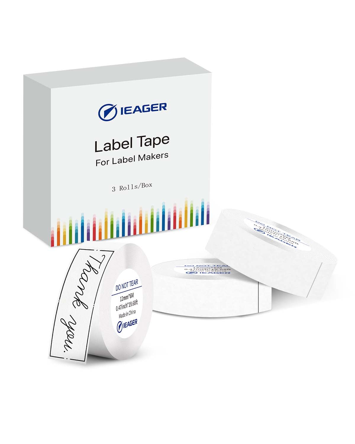 iEager Label Maker Tape, Continuous D30 Label Tape Thermal Sticker for Label Maker Machine, Household Storage Labels, White, 12mm x 6M, Set of 3