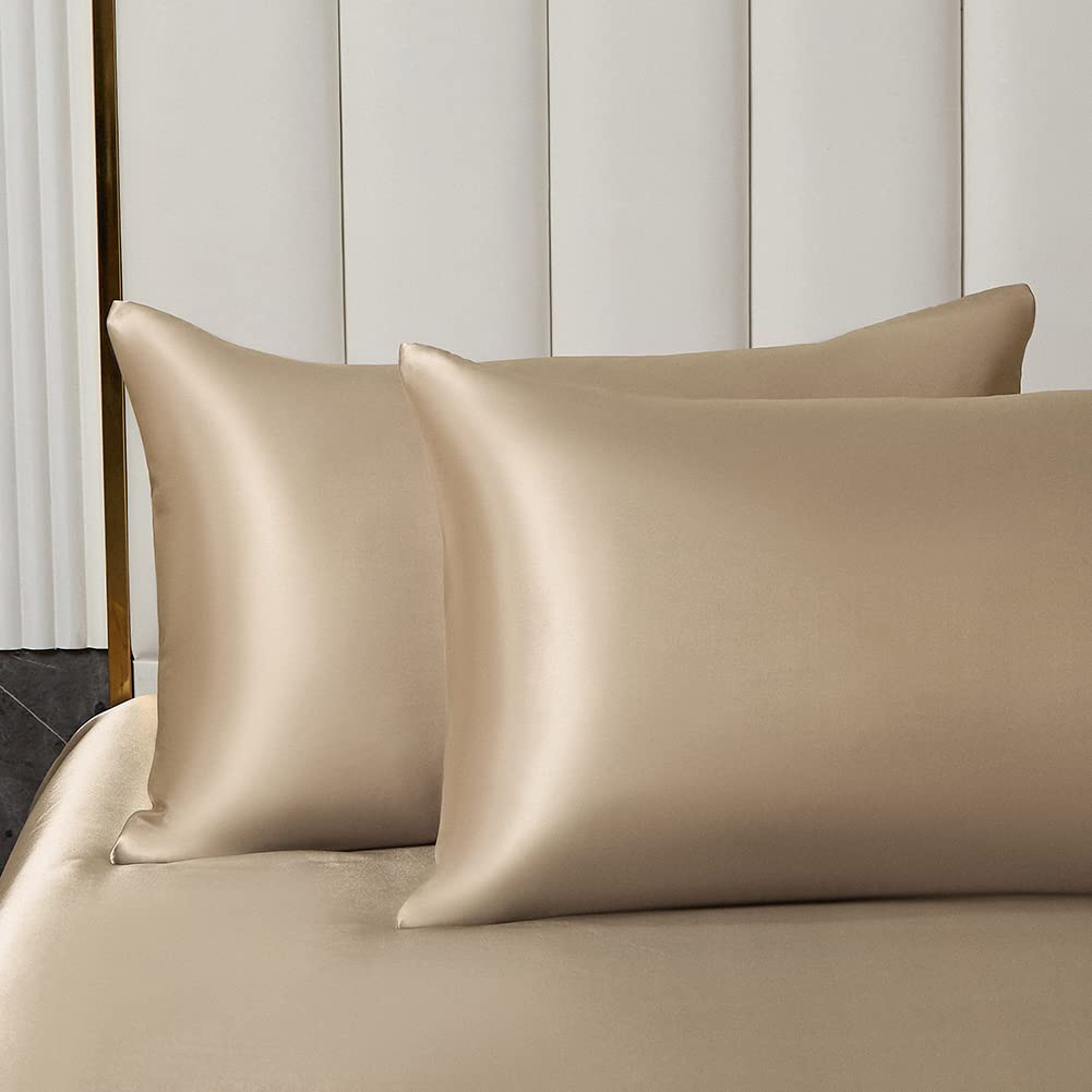 Housse de Couette Satin 220x240 Taupe avec 2 Taies d'oreiller 65x65 cm | Parure de Lit Adulte 2 Personnes, Satin de Soie Brillante, Linge de Lit, Fermeture Éclair