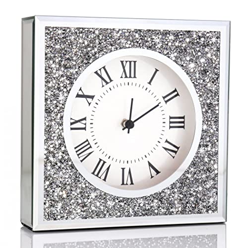 Reloj de escritorio decorativo pequeño con espejo plateado cuadrado y cristales brillantes