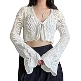 Onsoyours Femme Sexy à Manches Longues T-Shirt Clubwear Chemisier Blouse Décontracté Ample Vintage Y2K Tunique Crop Top Chic J Blanc XS