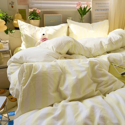 Image of EAVD Yellow and White Vertical Striped Duvet Cover Queen Soft Washed Microfiber Farmhouse Yellow Striped Bedding Set with 2 Pillowcases Reversible Geometric Pattern Duvet Cover with Zipper Closure