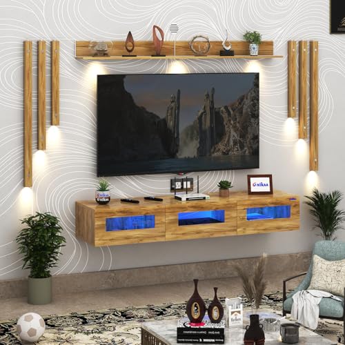 Image of Anikaa RayzaNote Engineered Wood Wall Mount TV Unit Acrylic Blue LED Storage Box, Side Wooden Accent Spot Light I Deal for Up to 50 Inch TV Giantwood - DIY Installation