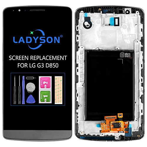 LADYSON 5.5 Pulgadas para LG G3 reemplazo de Pantalla D850 D851 D855 VS985 LS990 Pantalla LCD táctil digitalizador de Vidrio Completo Conjunto Conjunto Conjunto Kit +Herramientas (Gris con Marco)