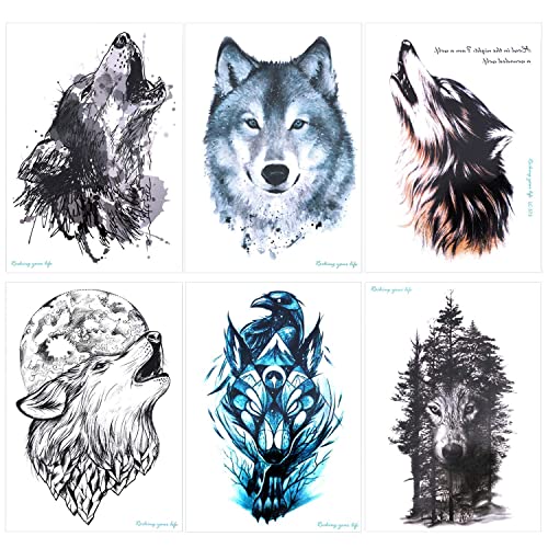 Konsait 9 Sheet Wolf Temporary Tattoo Sticker For Adult Women Men Fashion Body Art Waterproof Temporary Tattoo Fake Tattoo Arm Hand Back, 21X15Cm #TOP2
