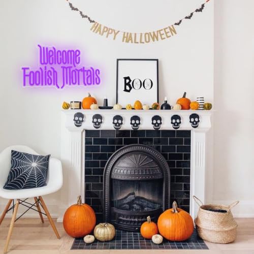 Image of Welcome Foolish Mortals Neon Sign, Halloween Neon Light Spooky Gothic Haunted Mansion LED Coffin Decor USB Powered, for Horror Movie Party Haunted House Man Cave Home Room Themed Bars(16.1 * 9.4 In)