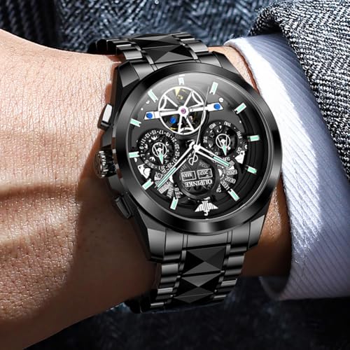 Image of OUPINKE Men Watch Automatic 5 Hands Multi Calendar Year /Month /Week /Date Mechanical 5ATM Waterproof Luxury Tungsten Steel Sapphire Crystal Wrist Watch for Men (3233:Black)