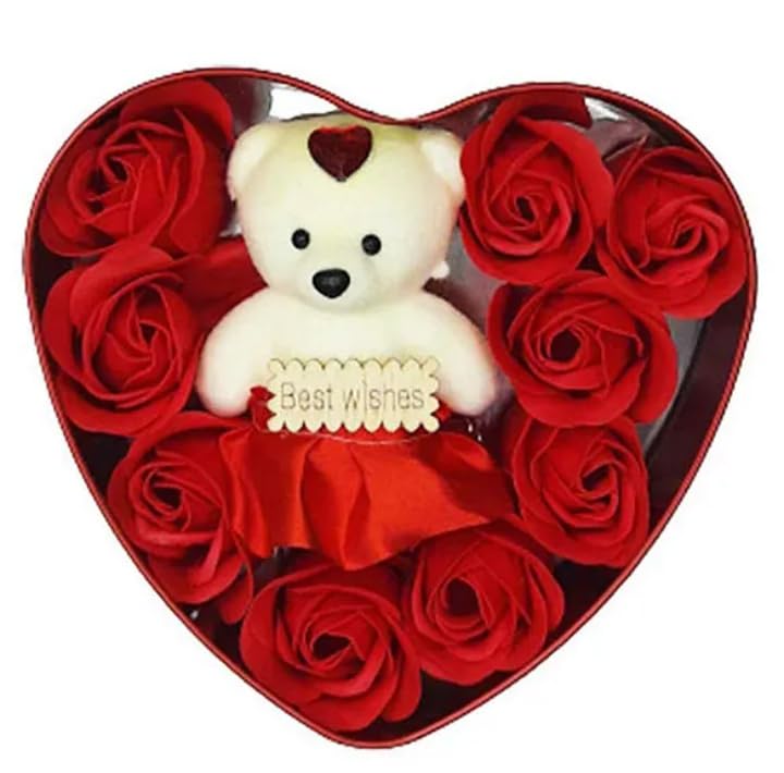 Bhuvik Enterpriese Artificial Red Rose & Teddy Bear in Heart Shape Metal Box.-image-15