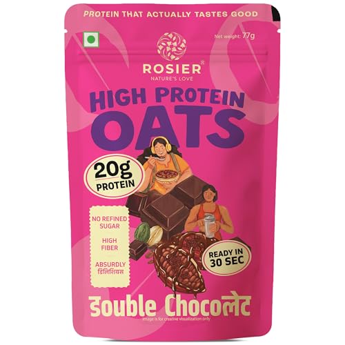 Image of ROSIER High Protein Oats Double Chocolate | 20g Protein Per Serving | Instant Healthy Breakfast with Cocoa & Dark Chocolate | Fibre-Rich Oats | 77g Ready-to-Eat Pouch