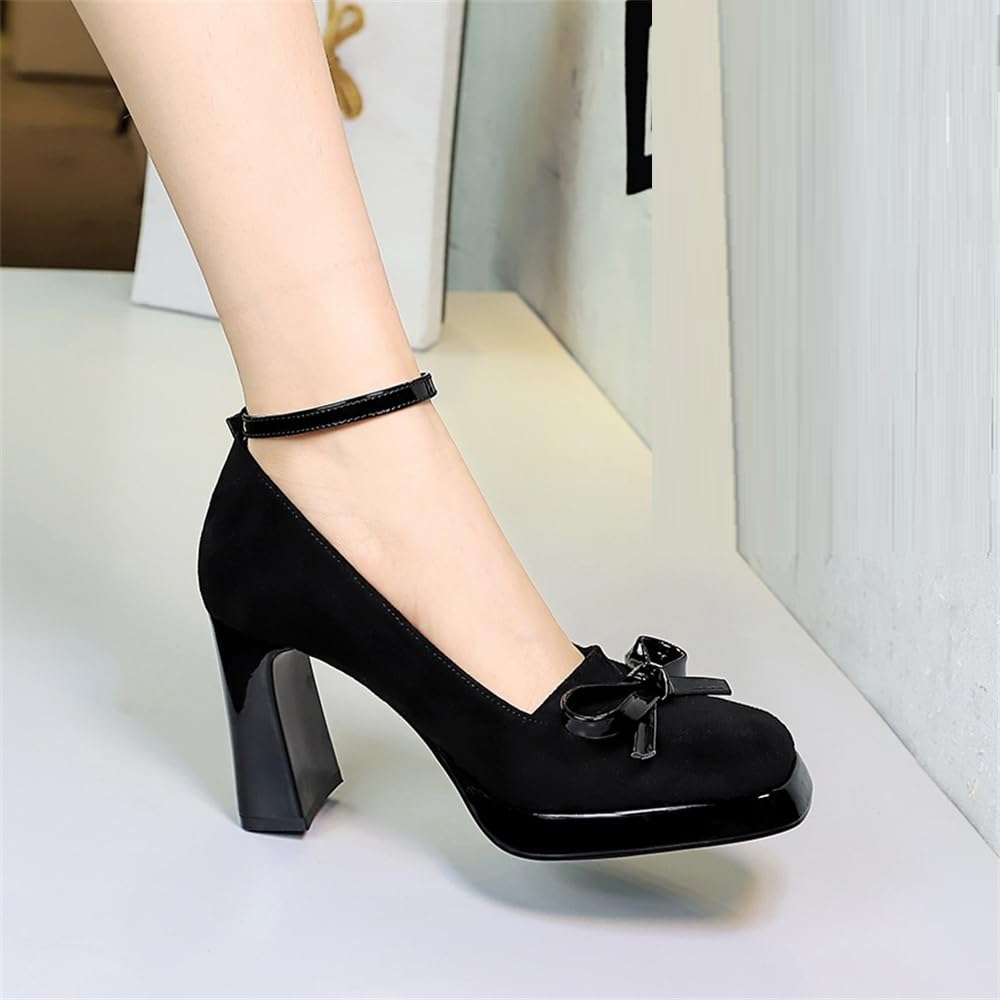 YGJKLIS Donna chiuso quadrato dita della caviglia cinturina grossa tacchi alti 9cm camomile elegante formale lavoro ufficio piattaforma pompe scarpe