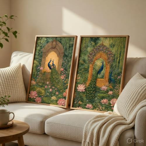 Image of Livin'luxe Royal Peacock Garden Wall Painting Set of 2 with Wooden Frames | Mughal Palace Peacock Artwork HD Sparkle Laminated MDF Wall Decor | Traditional Indian Wall Art for Living Room Bedroom