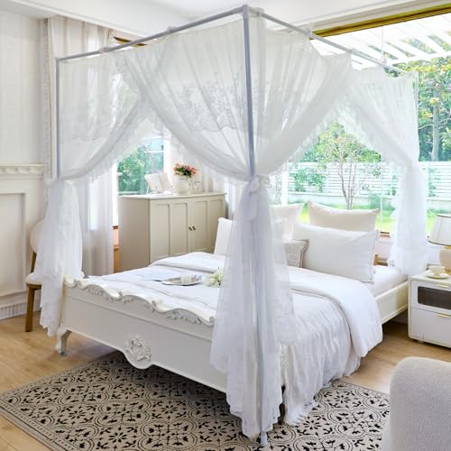 Image of AIKASY Elegant Lace Princess 4-Poster Bed Canopy Mosquito Net - Romantic Wedding Bridal Bedroom Decor, Kids Room Bed Curtain for Women Adults - (White1,Queen)