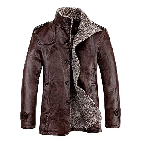 YOUCAI Chaqueta Moderna De Transición En Cuero Sintético Para Hombre Manga Larga Impermeable Acolchada De Pelo Espesar Cálido,Marrón,XXL Cover