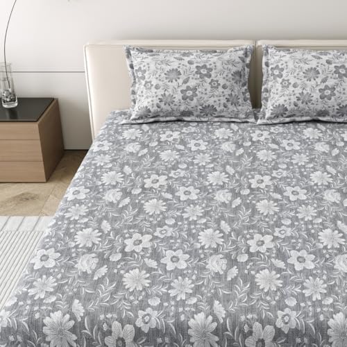 Image of Mafatlal 186 Tc Corsica Cotton Bedsheet King Size | 274 X 274 Cm | Modern Kidakka Virippu for Summer Nights | Pure Cotton Bedding for Comfortable Sleep | Profile Grey