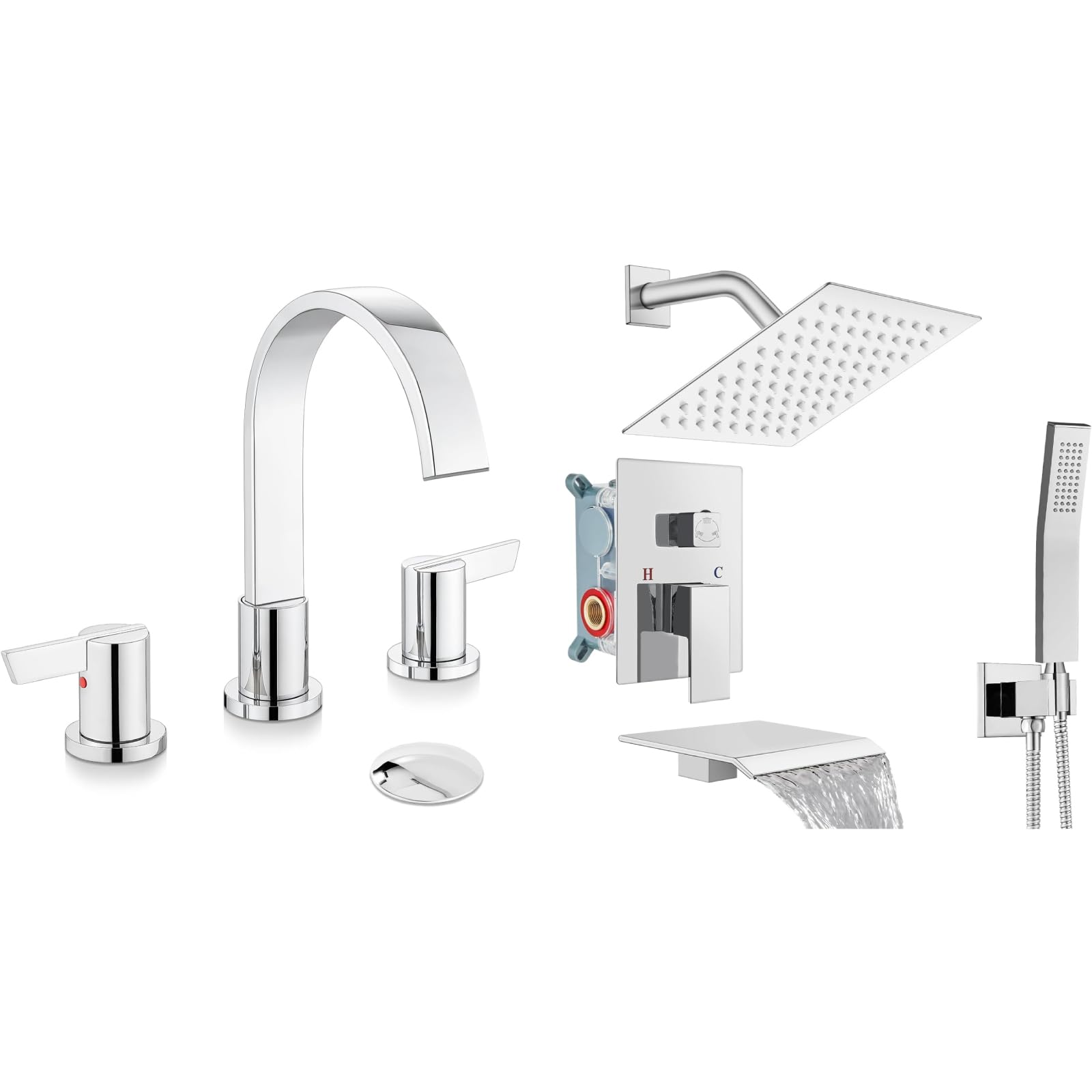 Sxithgkdw Polish Chrome 8 Inch Widespread Bathroom Sink Faucet Morden Waterfall 3 Holes 2 Handles Vanity Faucet With 8 Inch Polish Chrome Rainfall Shower System Square Shower Head With Handheld Sprayer