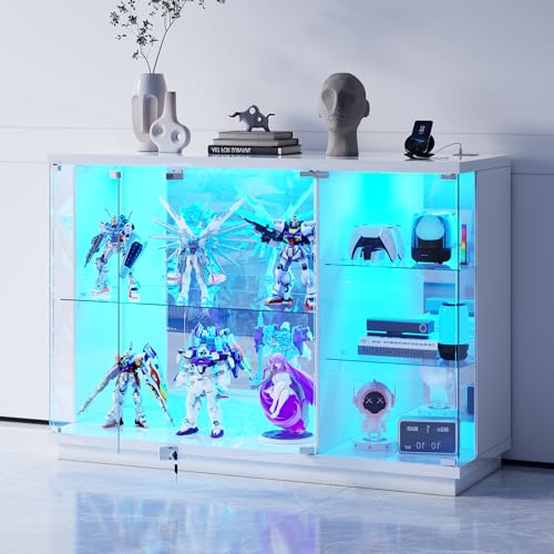Lvifur Glass Display Cabinet with Lock & LED Light, High Gloss Sideboard with Human Body Sensor & Glass Shelves for Toys, Books, Collectibles, Liquor, Bookcase for Living Room, Kitchen, Stud