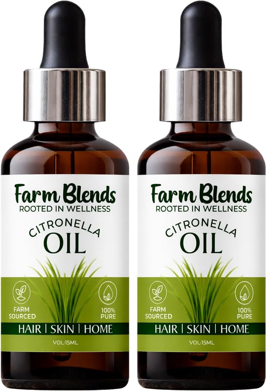 Image of Farm Blends Citronella Essential Oil | 100% Undiluted Pure | Natural Mosquito Repellent, Anti Acne, Anti Dandruff, Removes Bad Odor, Diffuser | Farm To Home | Cymbopogon winterianus | 15ML + 15ML (Pack of 2)