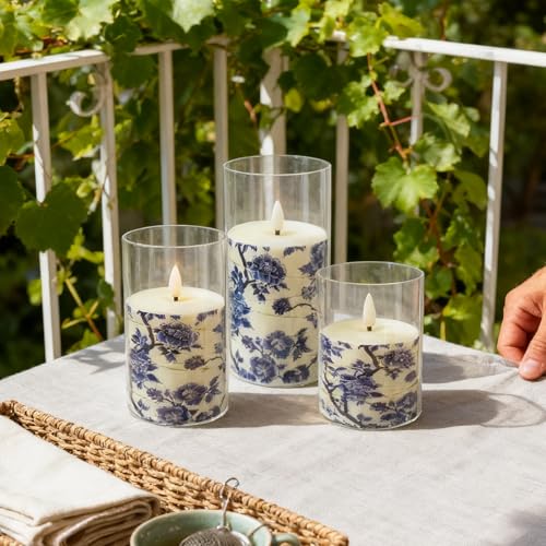 Image of Floral Flickering Flameless Candles, Recessed String Light LED Candles 3D Wick Acrylic Battery Operated LED Pillar Candles with Remote and Timer for Home Decor Set of 3(Blue Floral Printed)