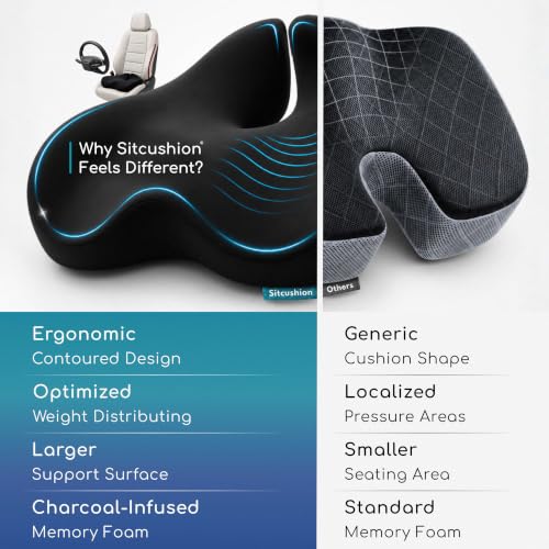Image of SitCushion Car Seat Cushion for Long Driving - X Large Memory Foam Seat Cushion with Breathable 4D Mesh Cover, Sciatica & Tailbone Pain Relief, Orthopedic Coccyx Cushion for Car, Truck (Black)