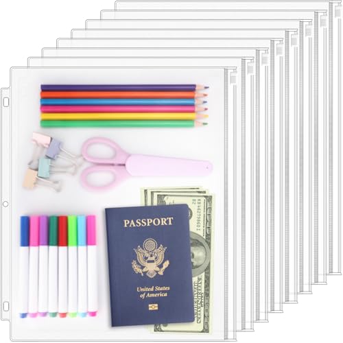 Antner Letter Size Binder Pockets 3 Holes Zipper Binder Folders for Ring Binder Loose Leaf Bags, Waterproof Pouch Document Filing Bags, 8 Pack