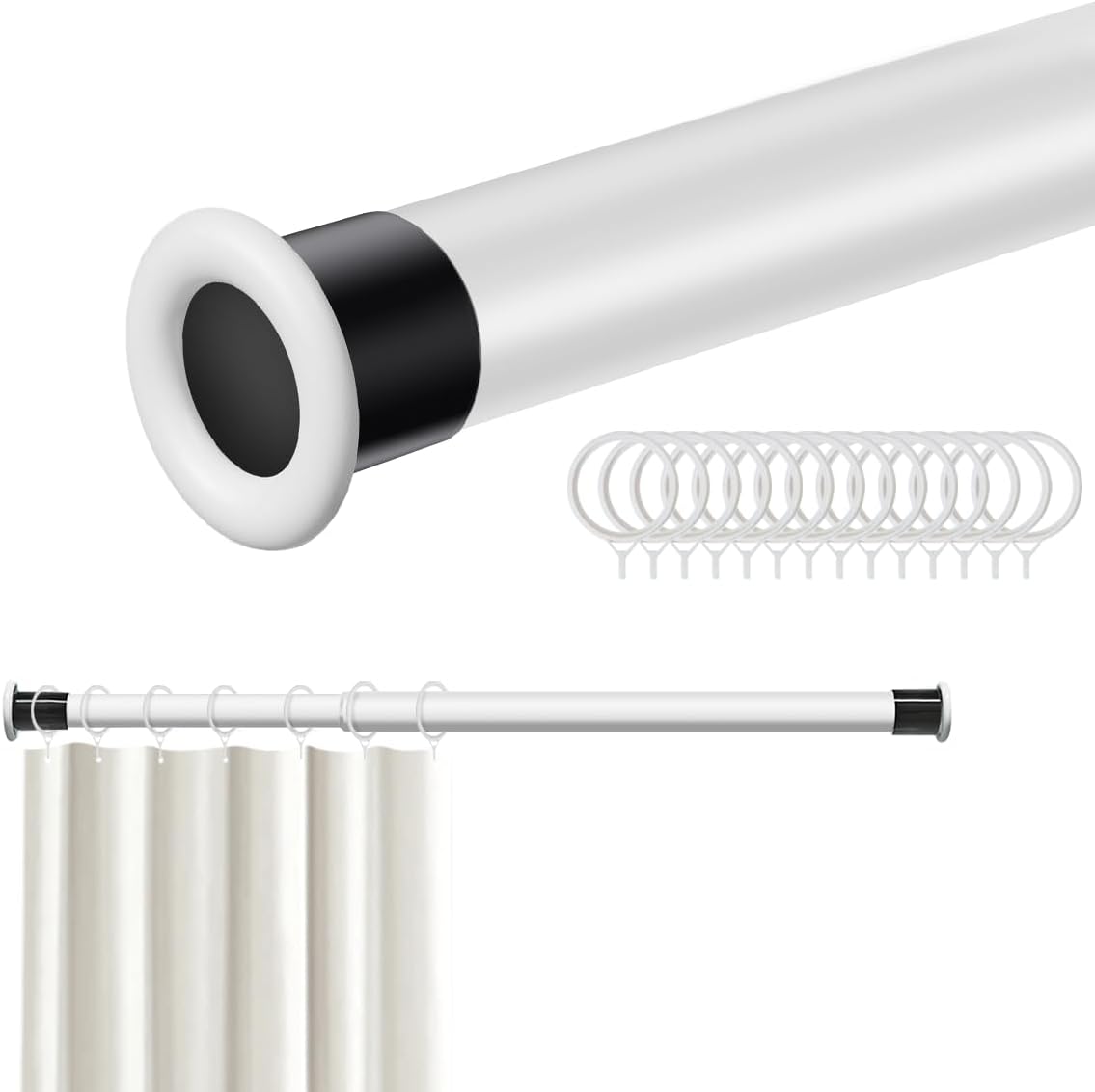 BAOYOUNI Adjustable Shower Curtain Rod Tension Bar Clothes Extendable Rail Closet Wardrobe Hanging Pole 43.3''-62.99'' for Bathroom, Kitchen, Bedroom, Doorway, Balcony - Matte White