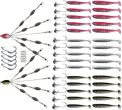 Biger 5 Arm Alabama Bait Rigs with 8 Spoon Blades, Umbrella Rig A-Rig for Boat Trolling Fishing, Swimbait Lures for Striper Bass Crappie Walleye Pickerel Trout Perch