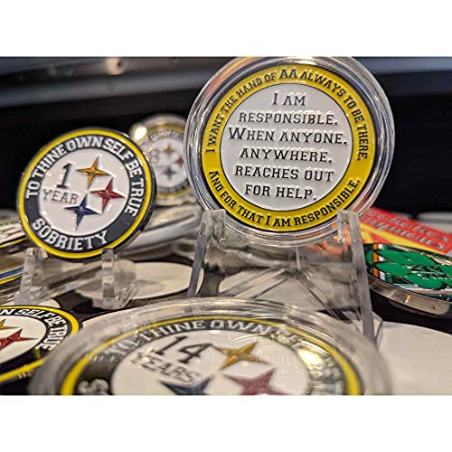 Black and Gold Recovery Medallion in Years 1-50 with Alcoholics Anonymous Responsibility Pledge (Yea