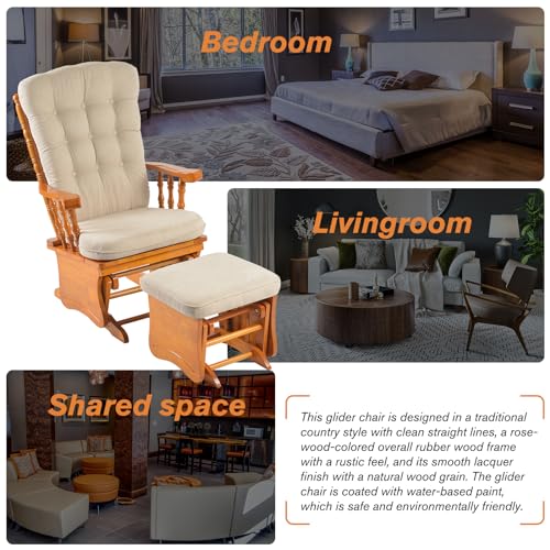 Image of Rubber Wood Nursery Glider and Ottoman Set, Quiet Smooth Gliding Rocking Chair for Breastfeeding, Comfy Upholstered Glider for Living Room Bedroom