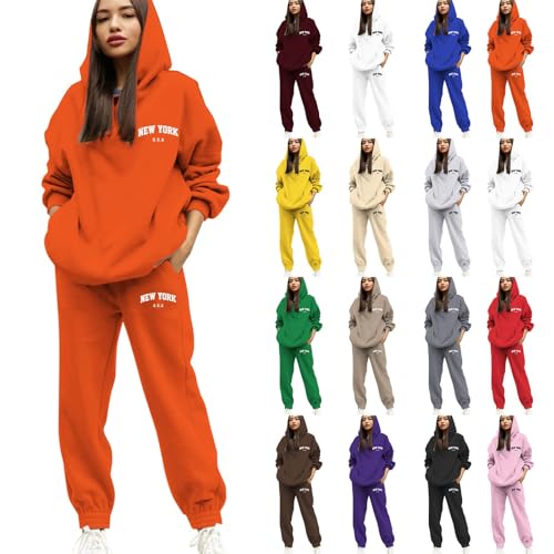 Jogginganzug Damen Set Hausanzug mit Kapuze 2 Teile Buchstaben Druck Sweatshirt und Jogginghose Baggy Langarm Trainingsanzug Frau Lose Kapuzenpullover Hose Fitnessanzug Sportanzug für Yoga Gym Outfit