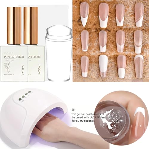 French Manicure Kit - French Tip Stamp Pink & White Gel Nail Polish Gel Nail Kit Nail Art Tools, Nail Stamper French Manicure Nude White Jelly Nail Polish French Nails Nail Accessories Set for Women - Image 8
