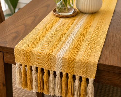 Image of TARANTARAN Mustard Yellow Boho Table Runner | Cotton Macrame Dining Table Cover with Tassel Fringe