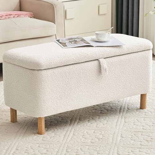 Boucle Storage Ottoman Bench for Bedroom end of Bed, Sherpa Upholstered Shoe Seat Storage Beach for Entryway Bed Foot, Rectangle Cushion Padded Blanket Chest Cute for Living Room, Off White