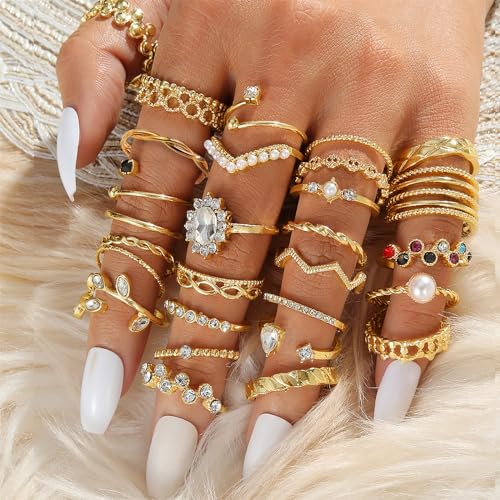 IFKM 28 Pcs Gold Knuckle Rings Set For Women Vintage Stackable Joint Finger Midi Rings Dainty Cubic Zirconia Crystal Simple Twist Hollow Cute Rings Pack Jewelry Gift - Image 2