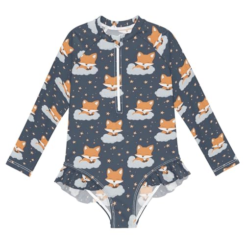 ALAZA Fox Star Animal Girls One Piece Swimsuit Long Sleeve Rash Guard Swimsuits UV 50+ Swimwear Zipper
