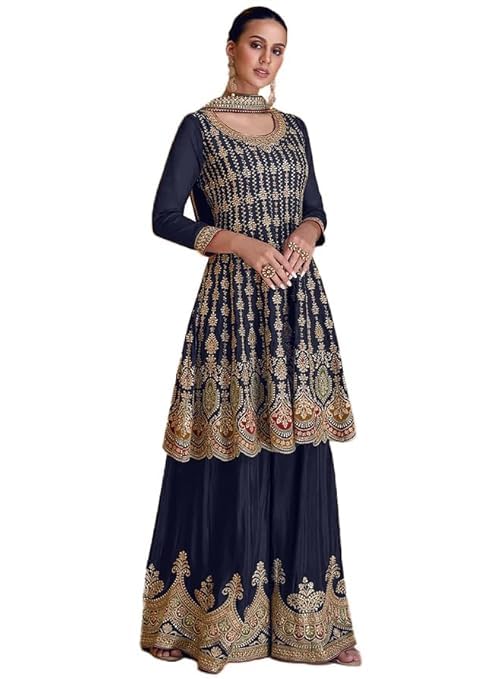 DREAMANGEL FASHIONWomens Chinon Party Wear Embroidery Work Salwar Suit Kurta Palazzo with Dupatta