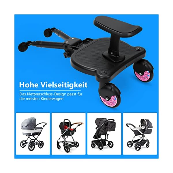 Gimisgu Buggy Board mit Sitz, Mitfahrbrett Trittbrett, Universal Stehbrett, 360°Zweirad Design, Kinderwagen Zubehör, mit Kinderwagensitz, passend für jeden Kinderwagen erhältlich(Rosa) – Bild 3