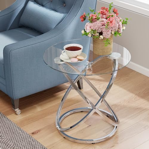 OIOG Glass Round End Table, Modern Contemporary Side Table for Sm...
