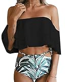 Huiyuzhi Womens Swimsuits Off Shoulder Ruffled Flounce Crop Bikini Top Two Pieces High Waist Bathing Suits