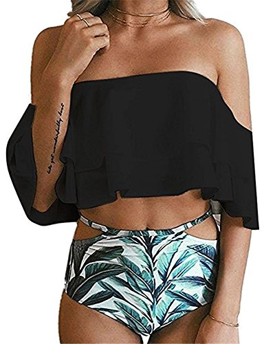 Huiyuzhi Womens Swimsuits Off Shoulder Ruffled Flounce Crop Bikini Top Two Pieces High Waist Bathing Suits