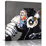 Cool Ape Listening Music with Headphone Canvas Wall Art,Square Art Painting Artworks for Office Home Decor,Stretched by Wooden Frame,Ready to Hang,16 x 16 Inch
